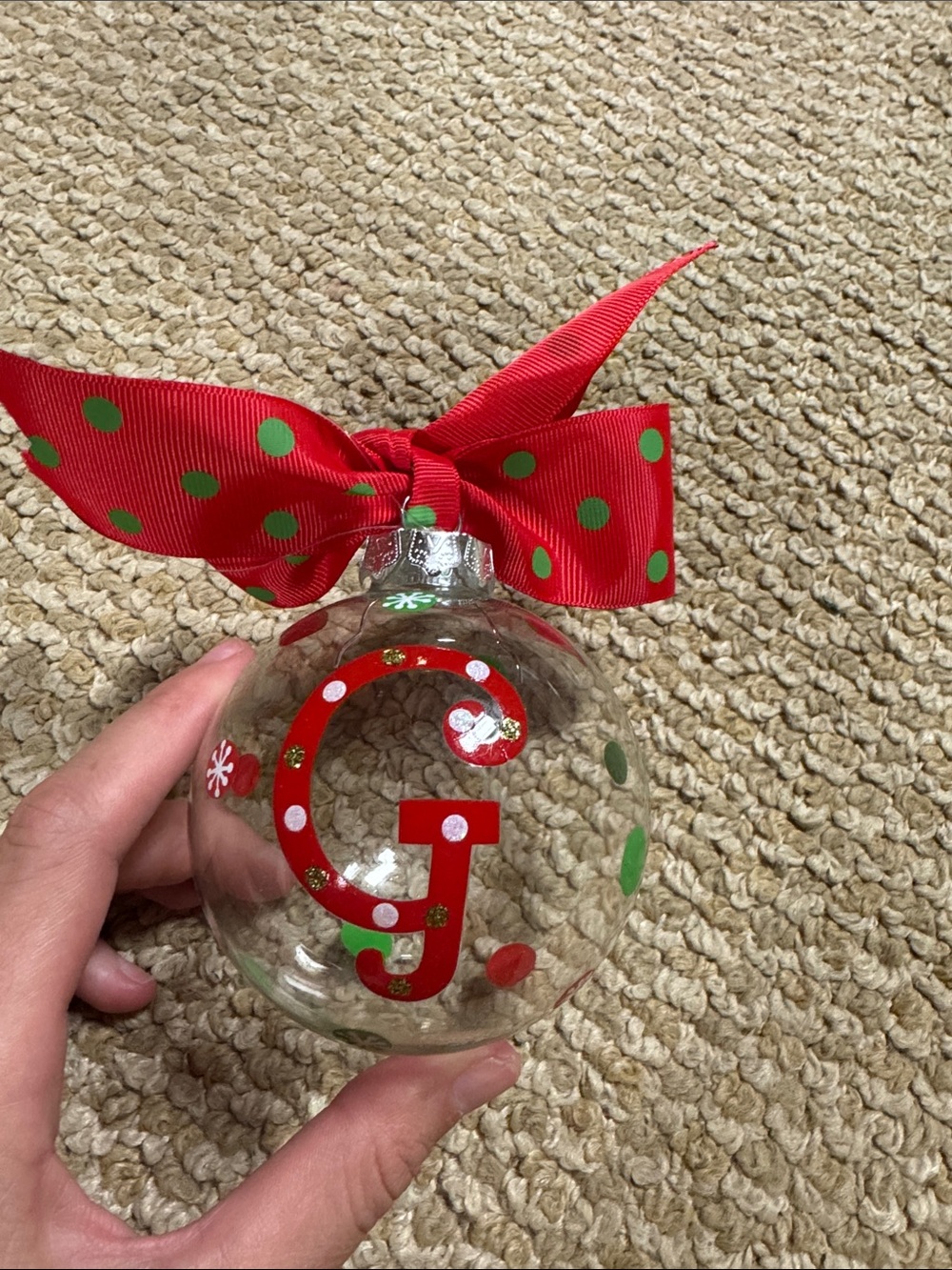 Personalized 'G' Glass Holiday Ornament with Red Polka Dot Bow